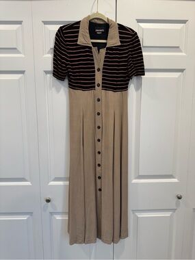 John Robert’s Vintage Taupe and Black Striped Polo Midi Dress